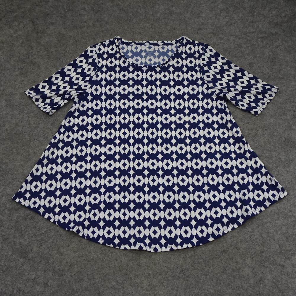 Chicos Top Womens 1 Regular Medium M Blue Pullover Geometric Flowy Asymmetric